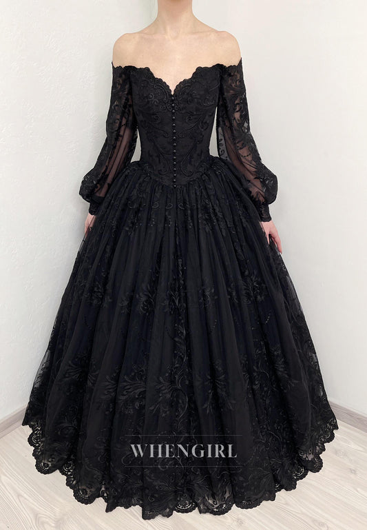 Black V Neck Long Sleeves Lace Up Ball Gown Lace Wedding Dress