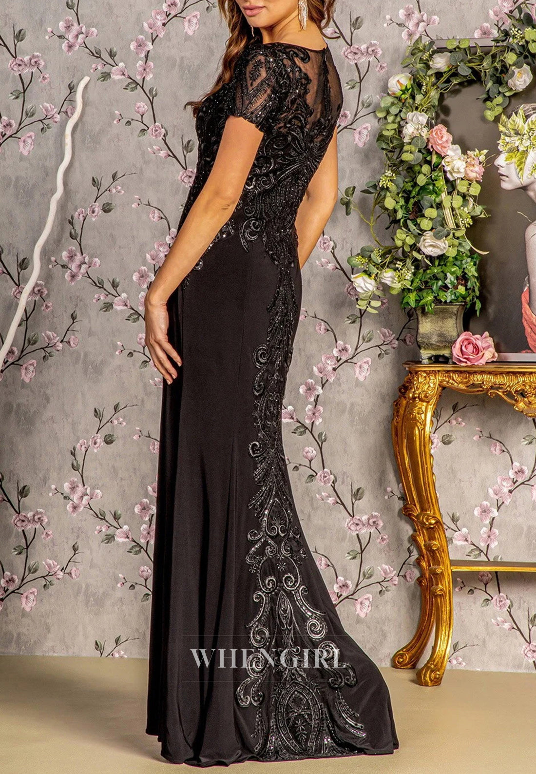 Sheath V Neck Beaded Embroidery Short Sleeves Floor Length Back Zipper Mother of the Bride Dress