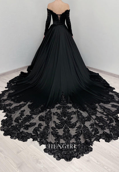 Black A-Line Long Sleeves Beaded Off Shoulder Chapel Train Lace Up Wedding Dress