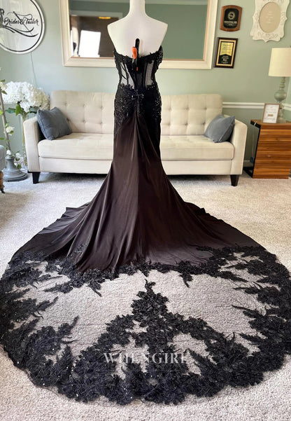 Black Mermaid Sweetheart Appliqued Sleeveless Beaded Chapel Train Wedding Dress