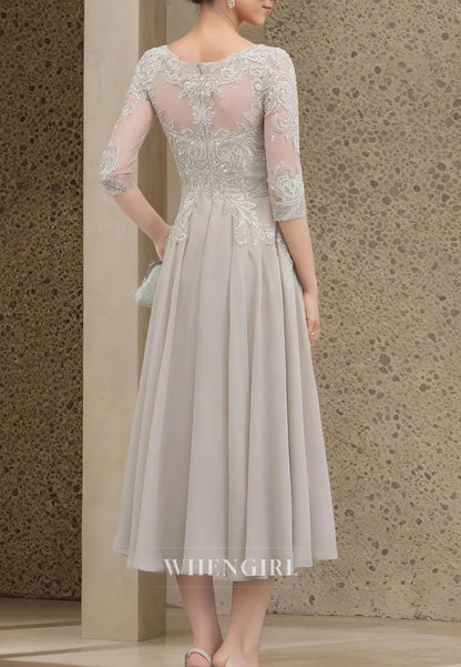 A-Line Bateau Neck 3/4 Sleeves Beaded appliqued Tea Length Mother of the Bride Dress
