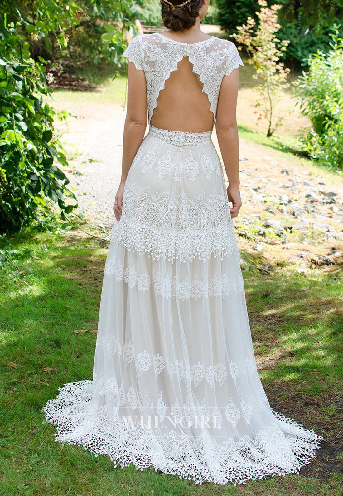A-Line V Neck Cap Sleeves Lace Cut Out Back Boho Wedding Dress
