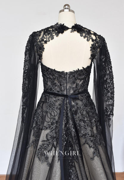 Black A-Line Long Sleeves Bateau Neck Beaded Lace Court Train Wedding Dress