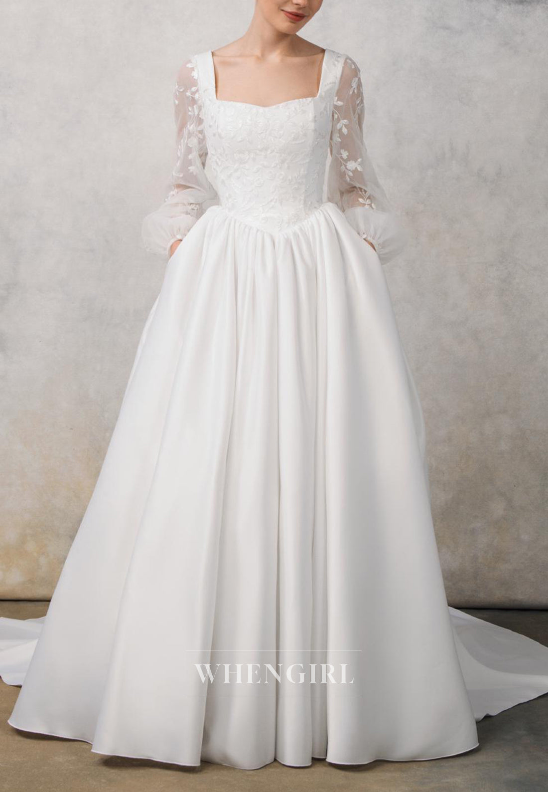 A-Line Square Neck Long Sleeves Embroidery Lace Up Sweep Train Wedding Dress with Pockets