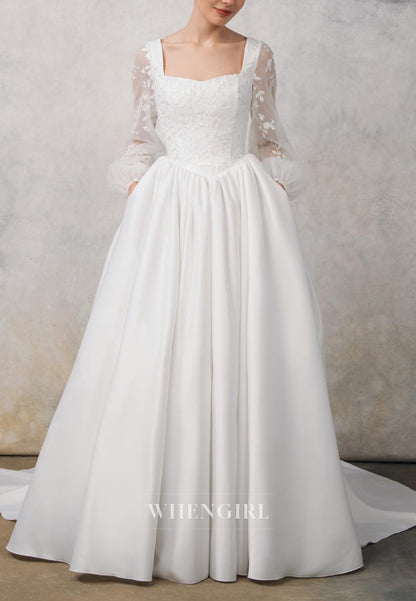 A-Line Square Neck Long Sleeves Embroidery Lace Up Sweep Train Wedding Dress with Pockets