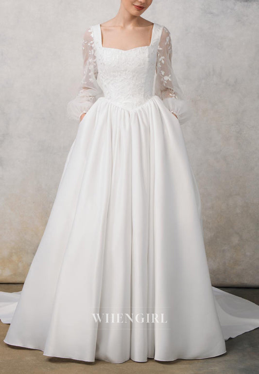 A-Line Square Neck Long Sleeves Embroidery Lace Up Sweep Train Wedding Dress with Pockets