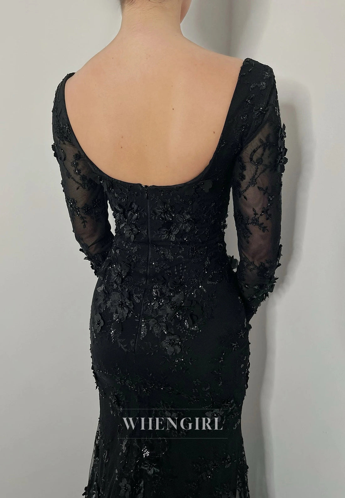 Black Long Sleeves Appliqued Beaded Detachable Train Mermaid Wedding Dress