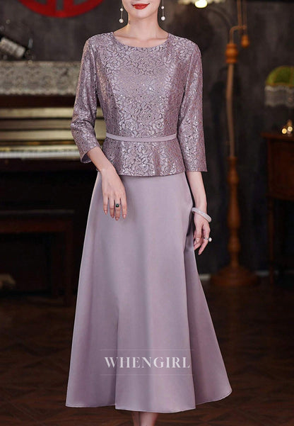 Purple 3/4 Sleeves A-Line Bateau Neck Tea Length Mother of the Bride Dress