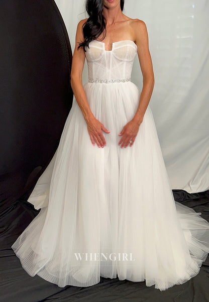 A-Line Asymmetrical Neck Detachable Long Sleeves Sweep Train Wedding Dress