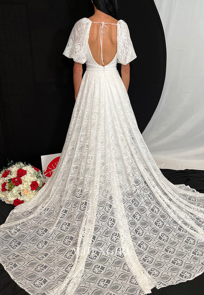 A-Line V Neck Short Sleeves Lace Boho Beach Wedding Dress with Court Train