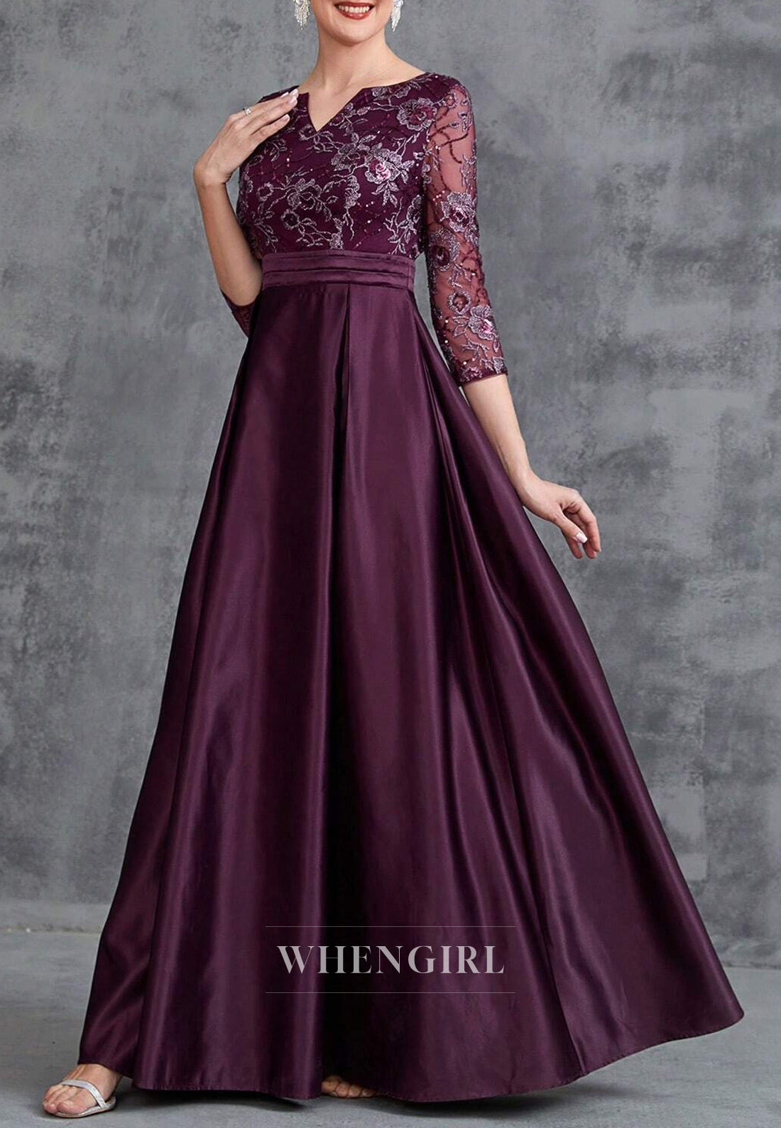 Raspberry V Neck 3/4 Sleeves Embroidery Pleated A-Line Long Mother of the Bride Dress