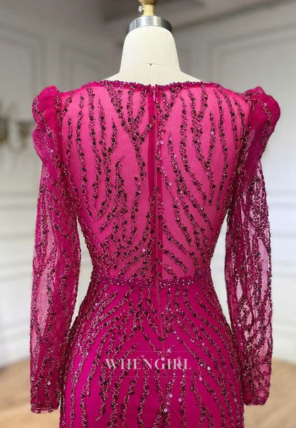 Fuchsia V Neck Long Sleeves Beaded Sheath Evening Formal Dress