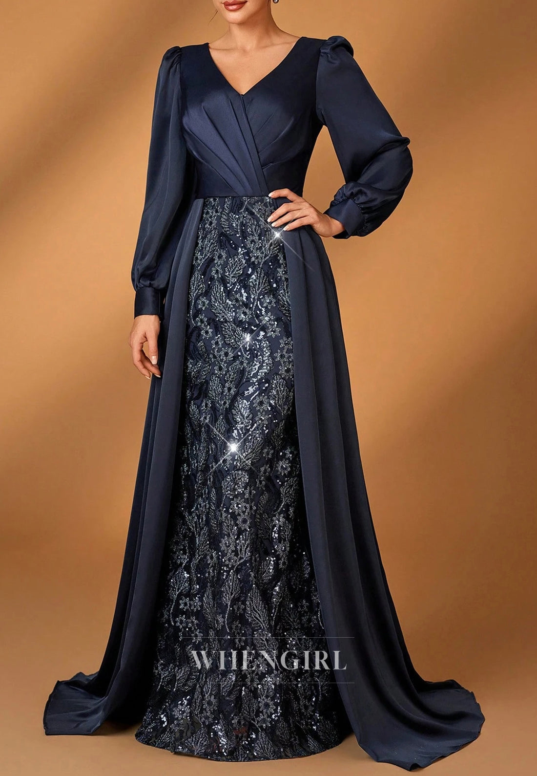 Sheath Navy V Neck Long Sleeves Pleated Beaded Sweep Train Mother of the Bride Dress