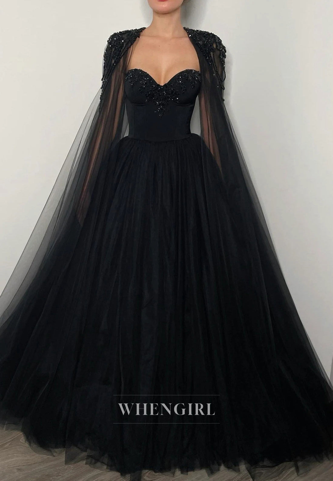Black Crystal Beaded Tulle Cape Sweetheart Lace Up A-Line Wedding Dress