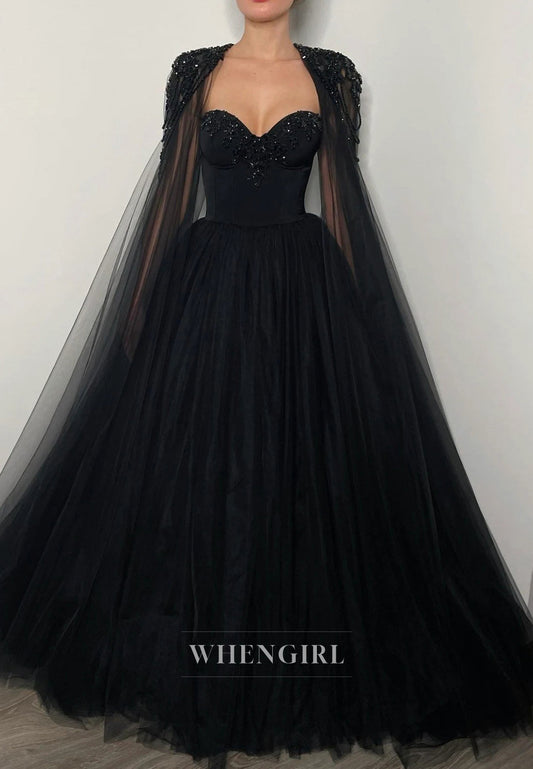 Black Crystal Beaded Tulle Cape Sweetheart Lace Up A-Line Wedding Dress