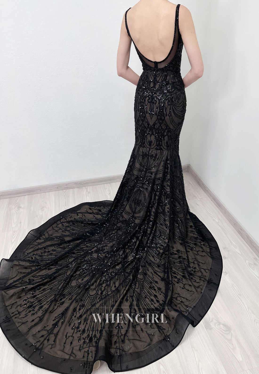 Black Mermaid V Neck Sleeveless Beaded Lace Tetachable Court Train Wedding Dress
