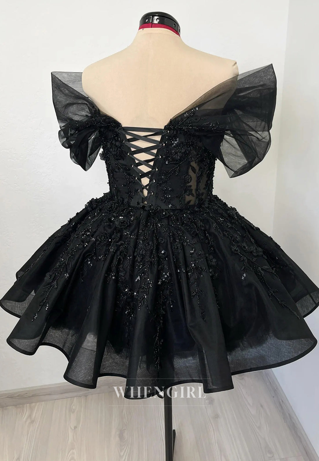 Black V Neck Cap Sleeves Beaded Appliques Lace Up A-Line Short Wedding Dress