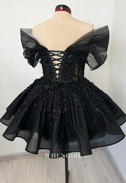 Black V Neck Cap Sleeves Beaded Appliques Lace Up A-Line Short Wedding Dress