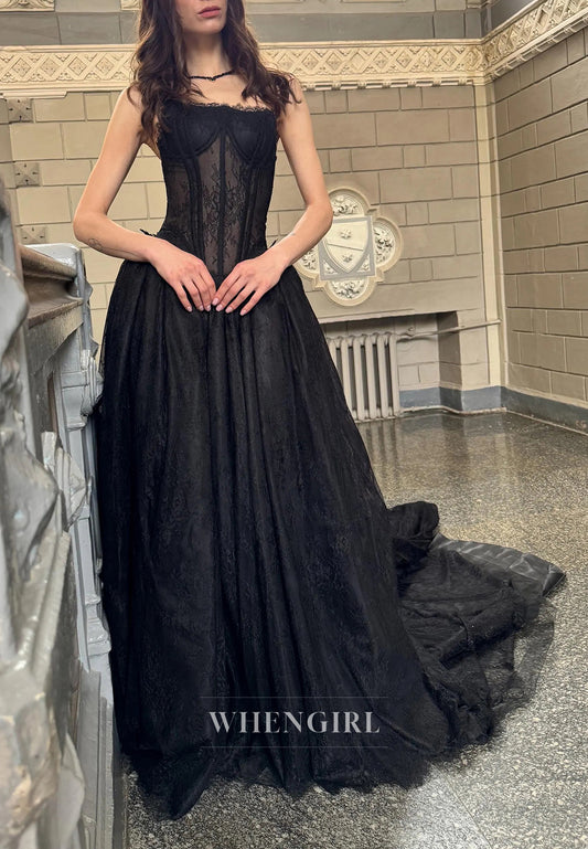 Black A-Line Tube Top Sleeveless Chapel Train Lace Up Lace Wedding Dress