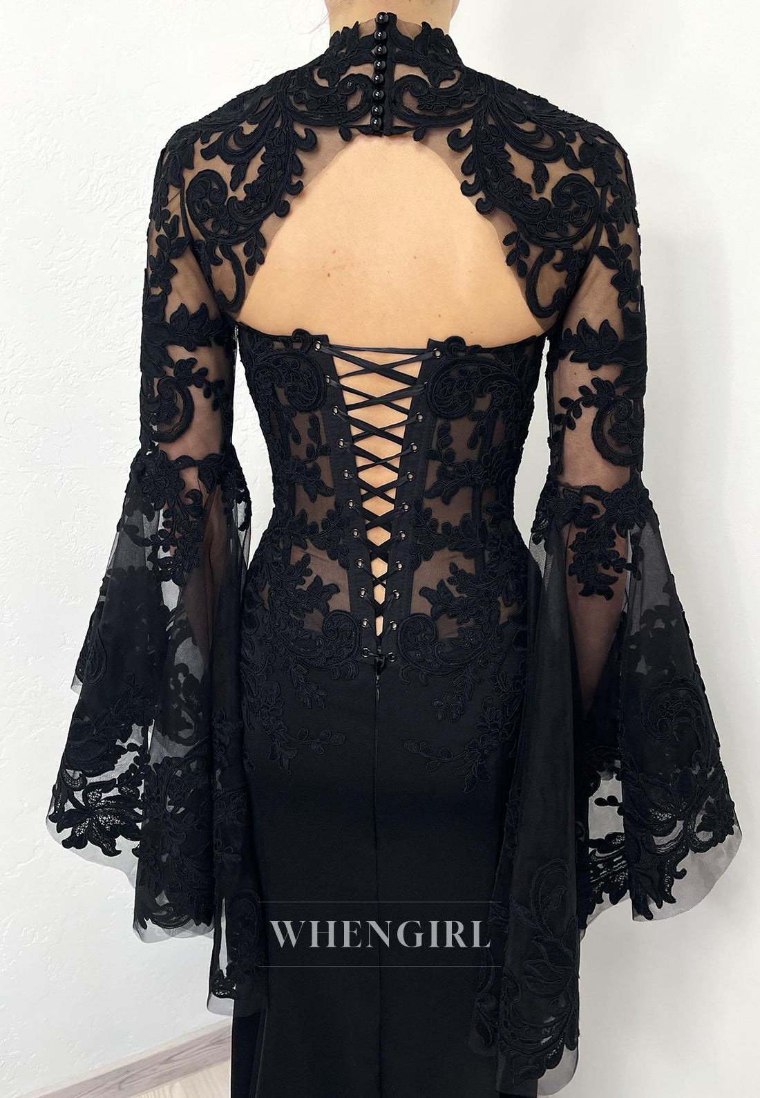 Black Mermaid Long Bell Sleeves Appliuqed Lace Court Train High Neck Wedding Dress