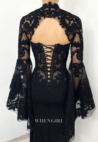 Black Mermaid Long Bell Sleeves Appliuqed Lace Court Train High Neck Wedding Dress