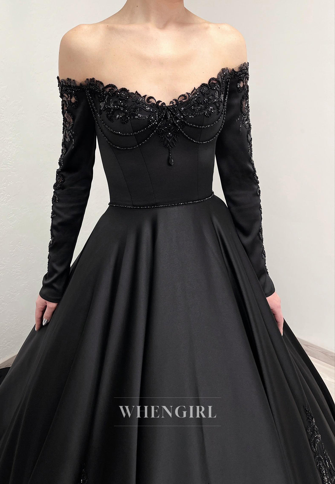 Black A-Line Long Sleeves Beaded Off Shoulder Chapel Train Lace Up Wedding Dress