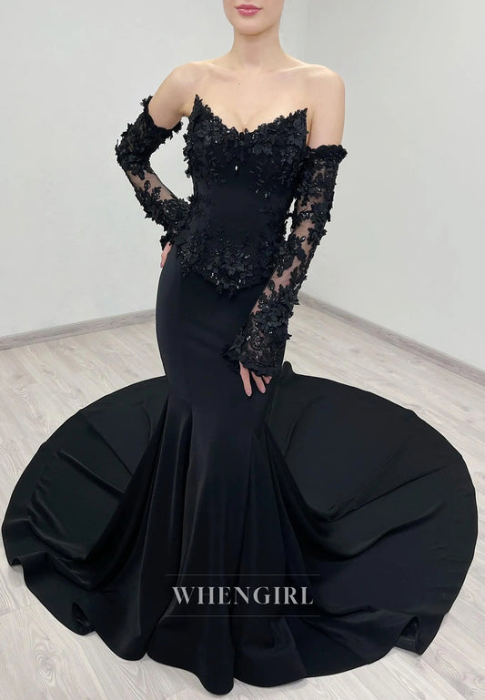 Black V Neck Long Sleeves Appliuqed Lace Mermaid Wedding Dress with Train