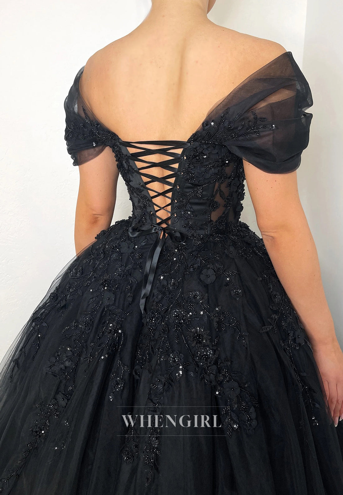 Black Off Shoulder Cap Sleeves Appliqued Beaded Ball Gown Wedding Dress with Sweep Train