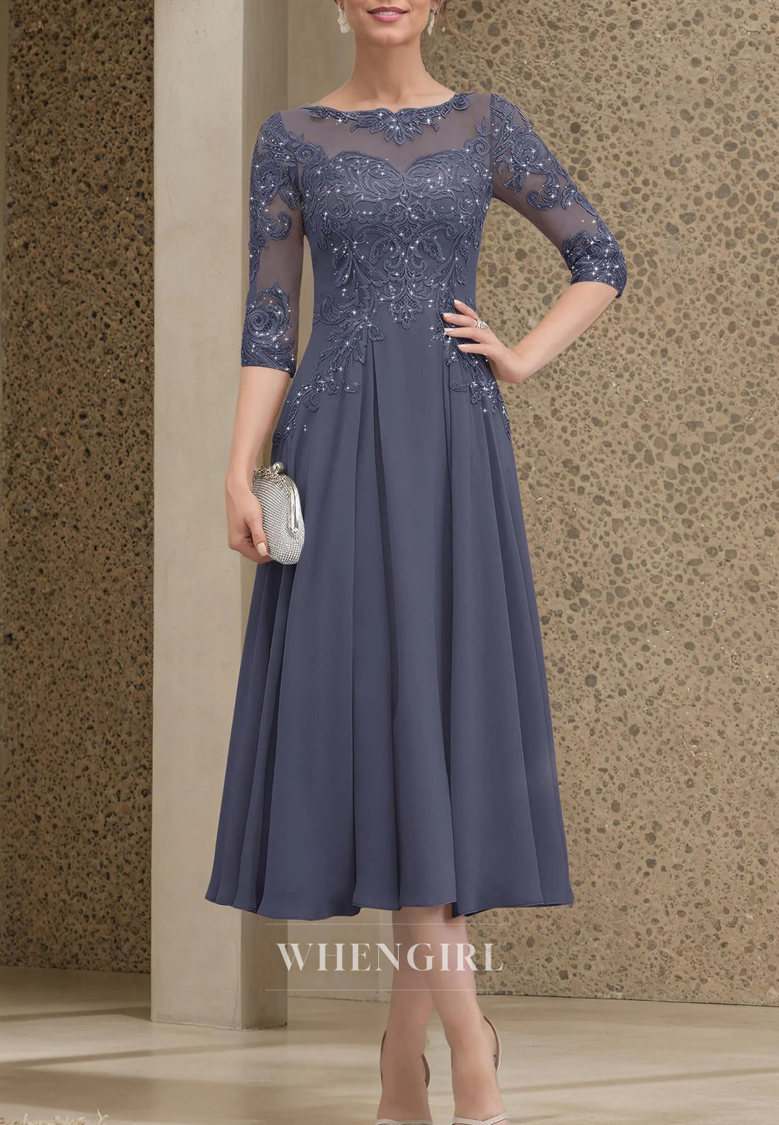A-Line Bateau Neck 3/4 Sleeves Beaded appliqued Tea Length Mother of the Bride Dress