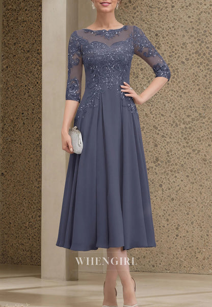 A-Line Bateau Neck 3/4 Sleeves Beaded appliqued Tea Length Mother of the Bride Dress