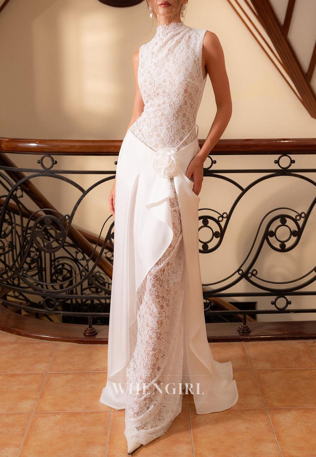 High Neck Lace Sleeveless 3D Flower Floor Length Sheath Wedding Dress