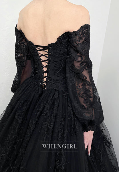 Black V Neck Long Sleeves Lace Up Ball Gown Lace Wedding Dress