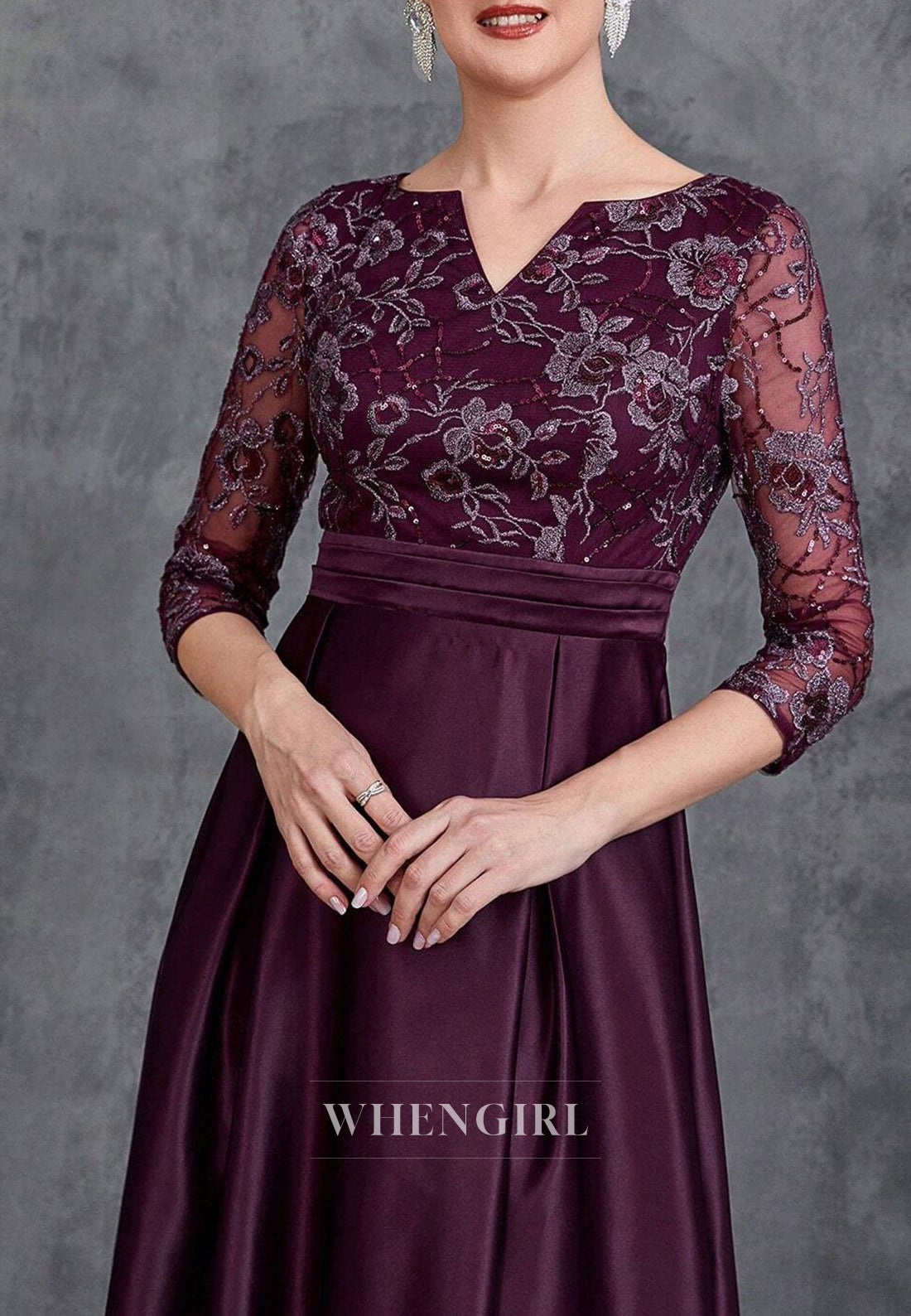 Raspberry V Neck 3/4 Sleeves Embroidery Pleated A-Line Long Mother of the Bride Dress