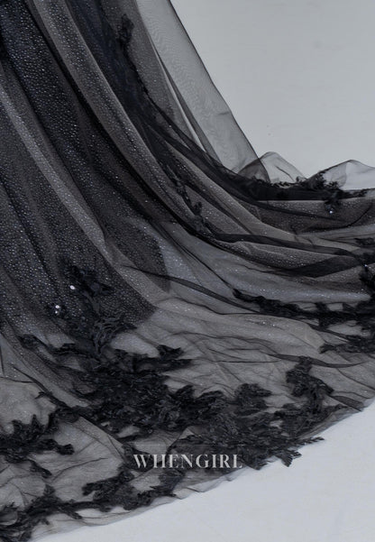 Black A-Line Sweetheart Appliqued Lace Beaded Sleeveless Court Train Wedding Dress