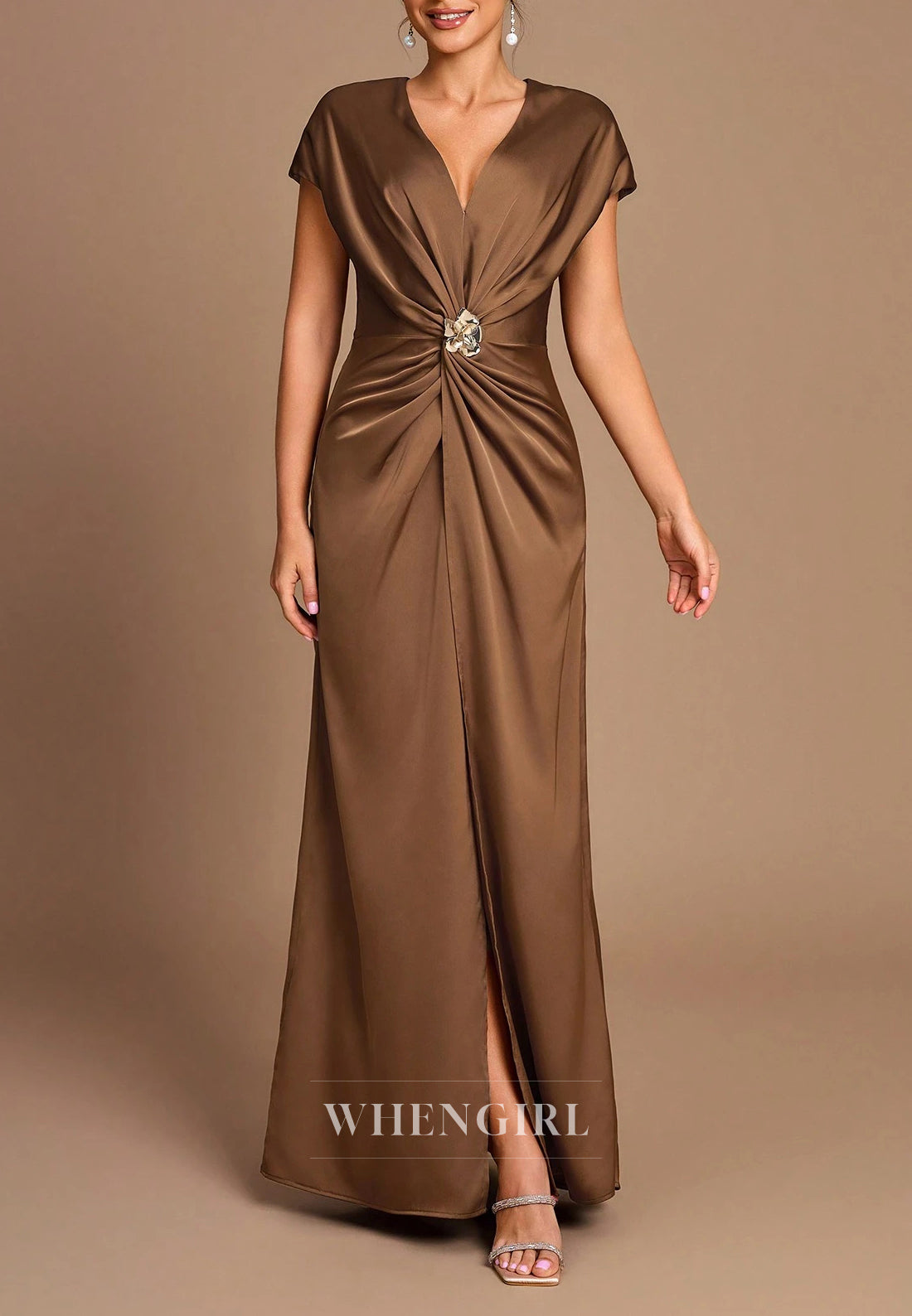 Sheath Short Sleeves Ruched Slit Ankle Length Mother of the Bride Dress