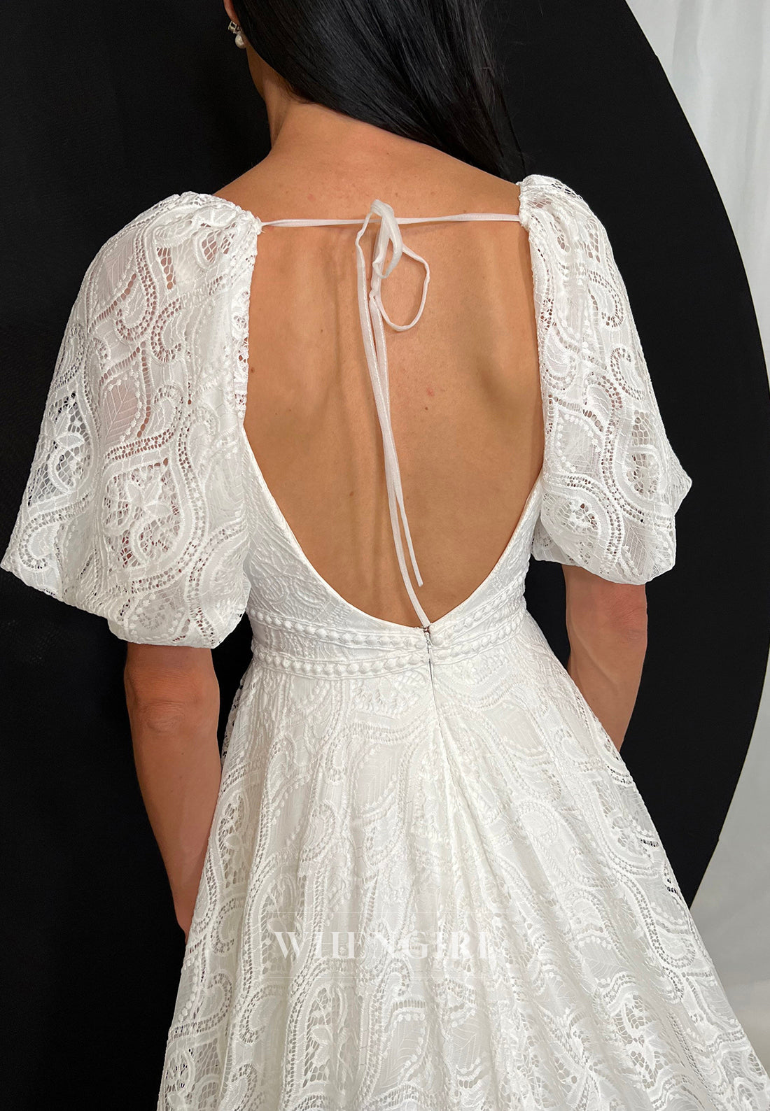 A-Line V Neck Short Sleeves Lace Boho Beach Wedding Dress with Court Train