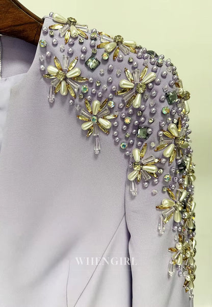 Lilac V Neck Long Beaded Sleeves Back Zipper Mermaid Evening Formal Dress