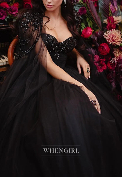 Black Crystal Beaded Tulle Cape Sweetheart Lace Up A-Line Wedding Dress