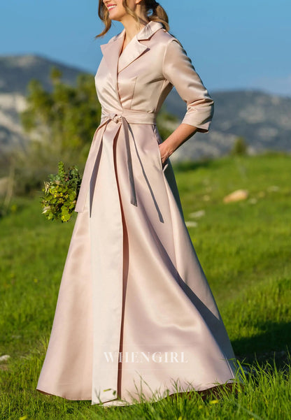 Champagne A-Line V Neck 3/4 Sleeves Satin Mother og the Bride Dress