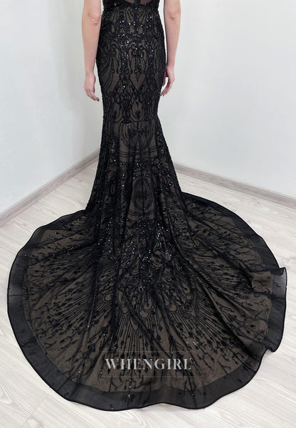 Black Mermaid V Neck Sleeveless Beaded Lace Tetachable Court Train Wedding Dress