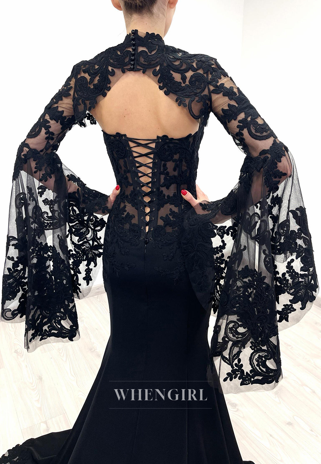 Black Mermaid Long Bell Sleeves Appliuqed Lace Court Train High Neck Wedding Dress