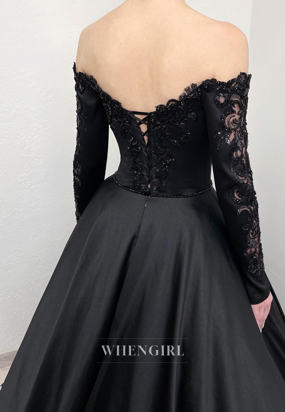 Black A-Line Long Sleeves Beaded Off Shoulder Chapel Train Lace Up Wedding Dress