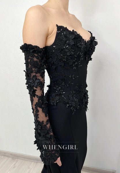 Black V Neck Long Sleeves Appliuqed Lace Mermaid Wedding Dress with Train