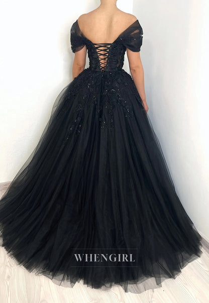 Black Off Shoulder Cap Sleeves Appliqued Beaded Ball Gown Wedding Dress with Sweep Train