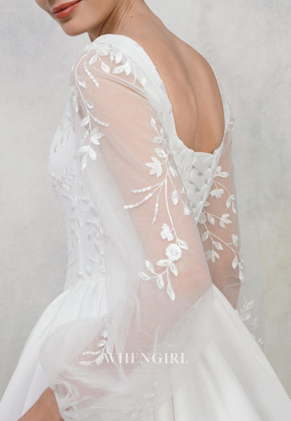 A-Line Square Neck Long Sleeves Embroidery Lace Up Sweep Train Wedding Dress with Pockets