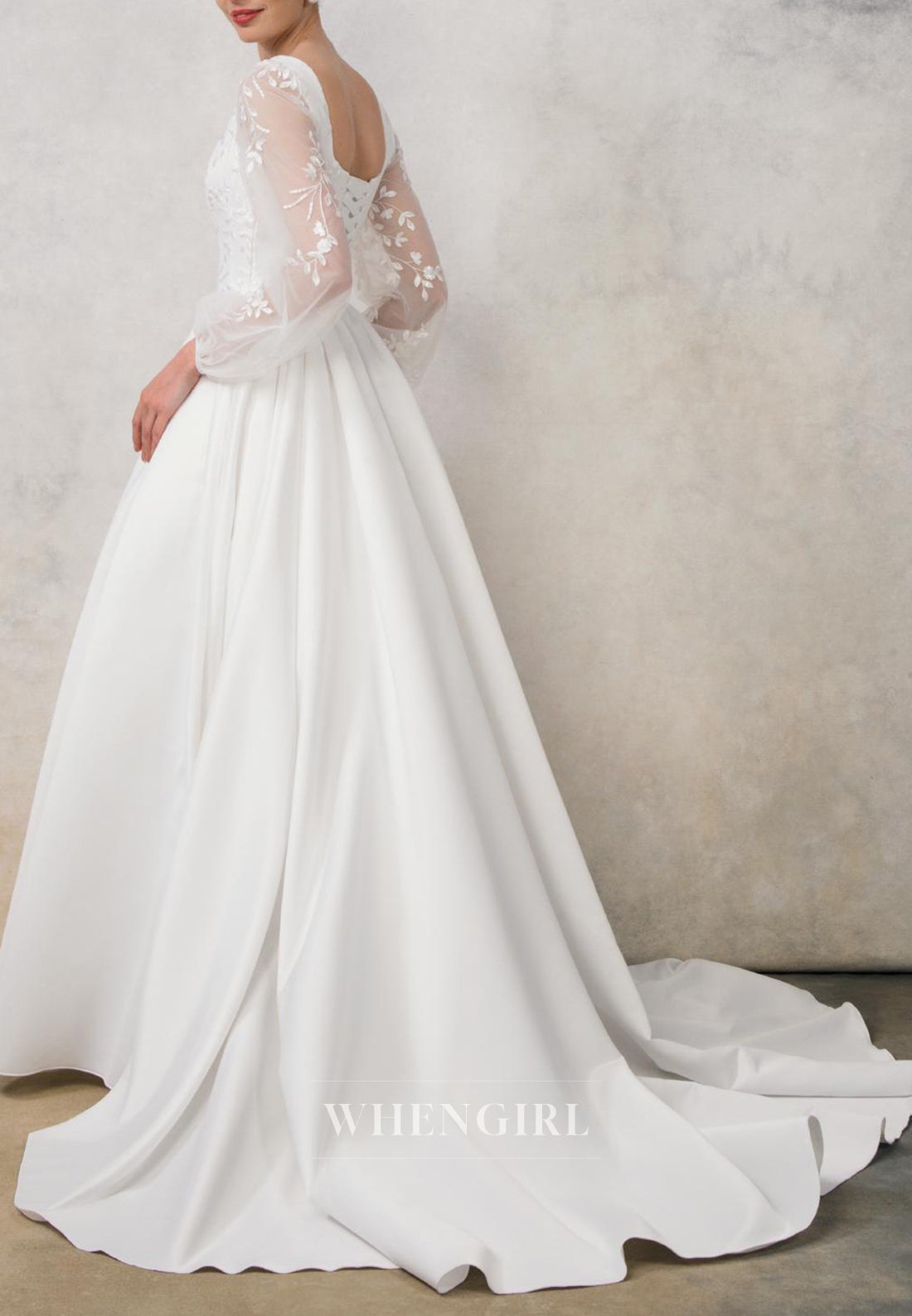 A-Line Square Neck Long Sleeves Embroidery Lace Up Sweep Train Wedding Dress with Pockets