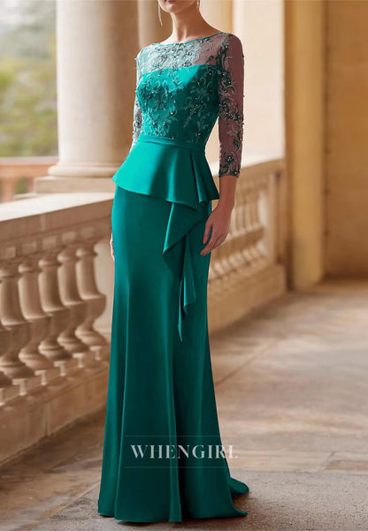 Sheath 3/4 Sleeves Bateau Neck Appliqued Ruffles Mother of the Bride Dress Evening Dress