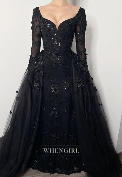 Black Long Sleeves Appliqued Beaded Detachable Train Mermaid Wedding Dress