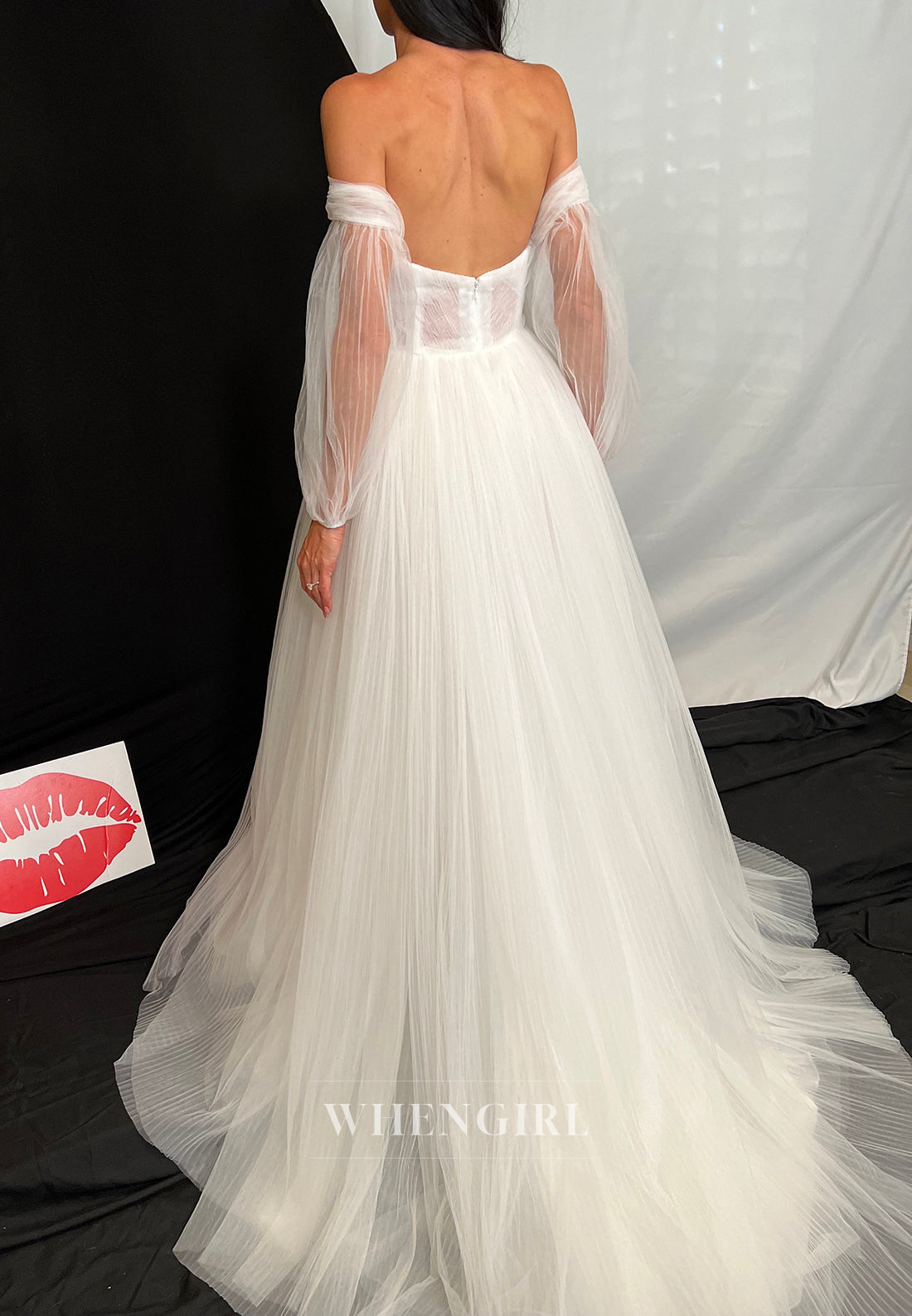 A-Line Asymmetrical Neck Detachable Long Sleeves Sweep Train Wedding Dress