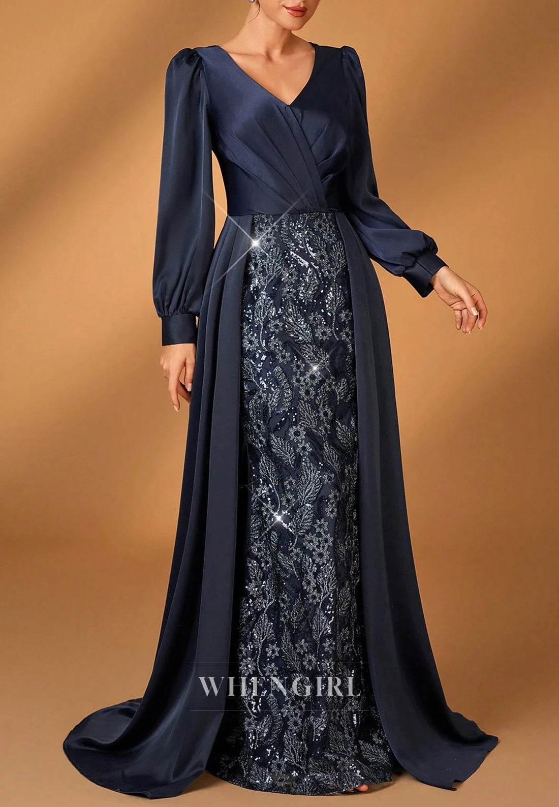 Sheath Navy V Neck Long Sleeves Pleated Beaded Sweep Train Mother of the Bride Dress